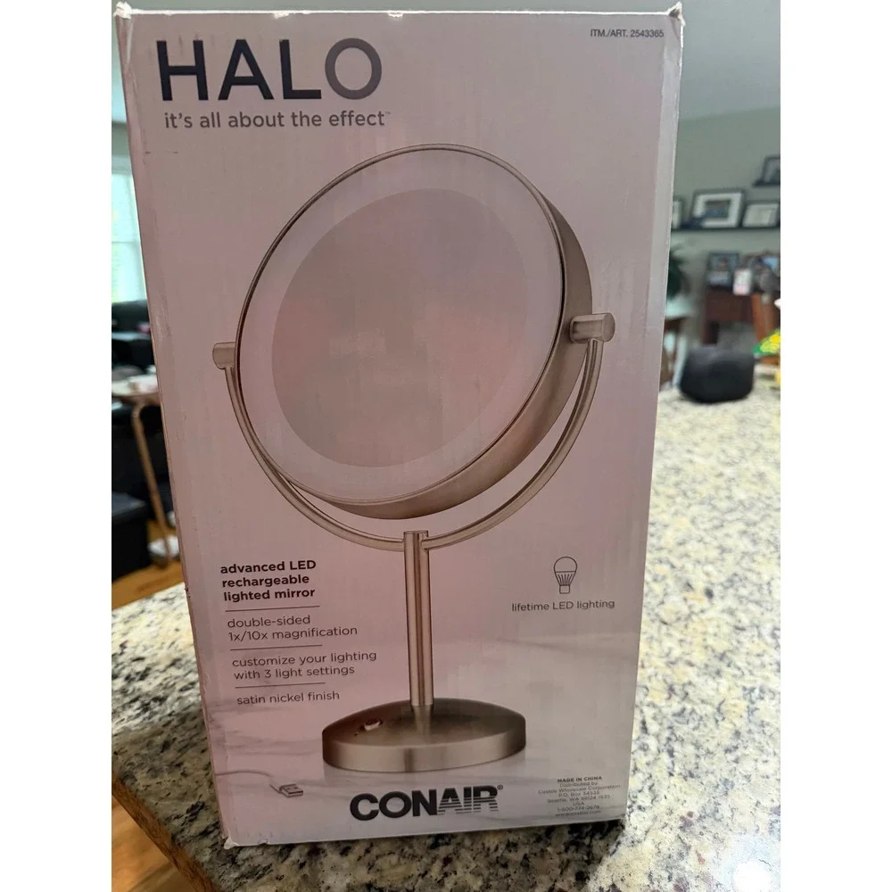 Conair HALO Lighted Vanity Mirror Rechargeable Touch Control Oval Satin Nickel